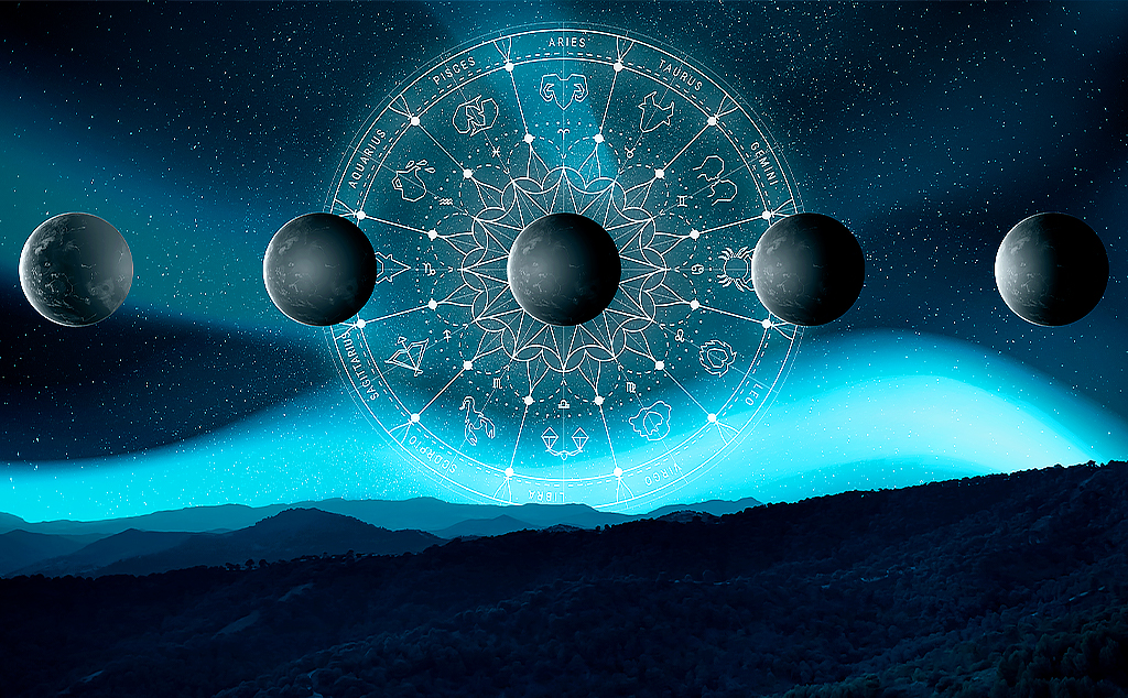 uma paisagem azulada com uma mandala do mapa astral com os signos do zoodiaco e quatro luas